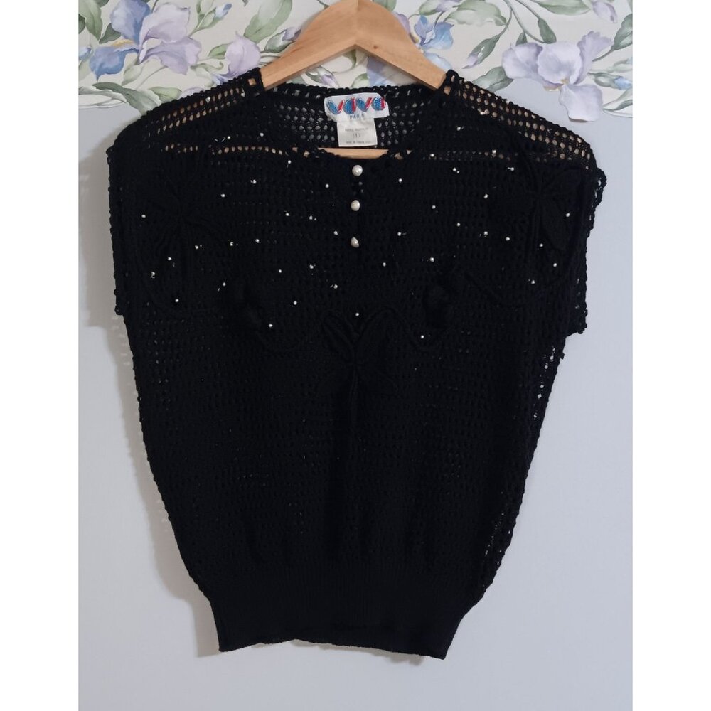 VIVI Paris Large Black Pearl Knit Lightweight Vintage Retro Classic Designer Top